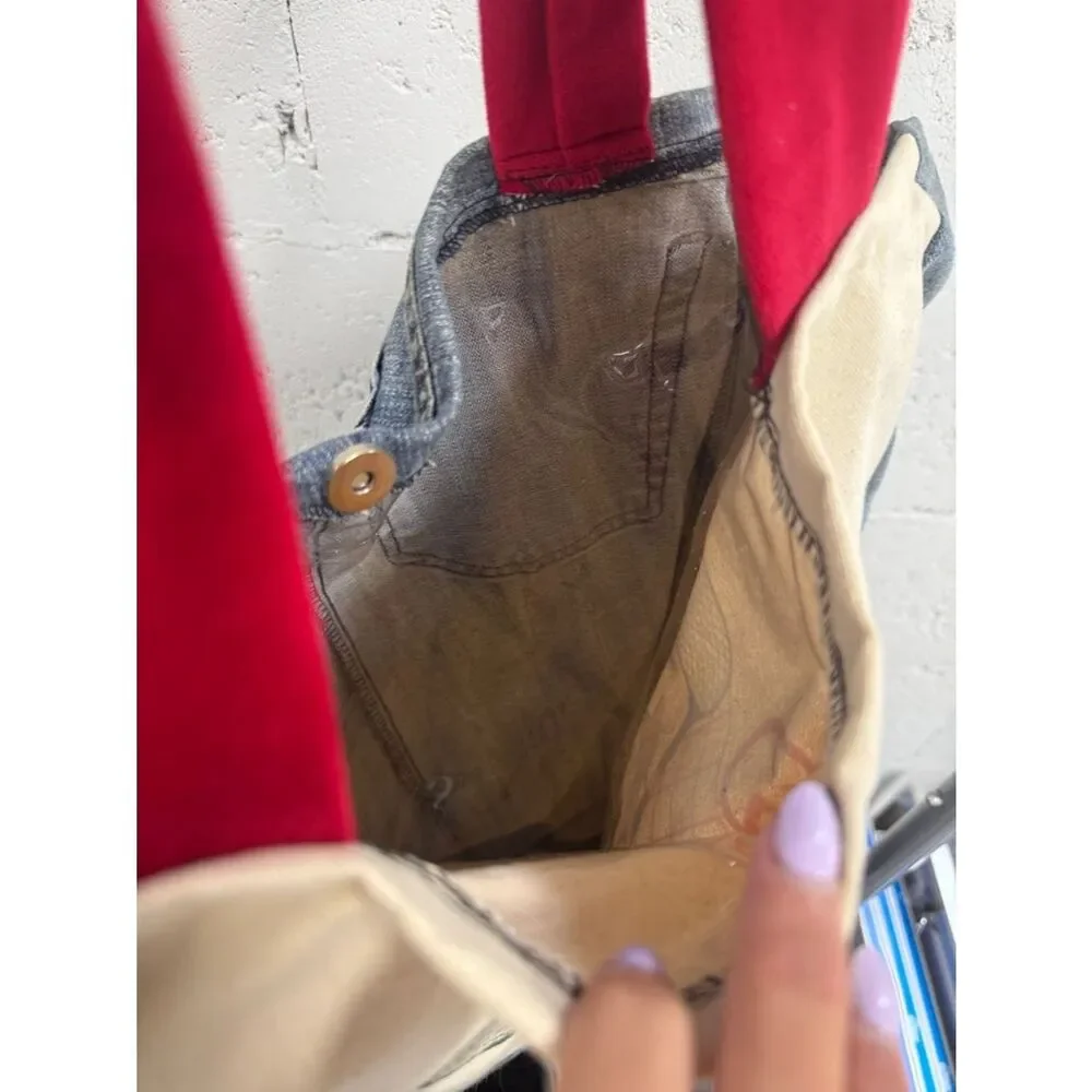 Gucci Upcycled Canvas Tote Red Straps Green Tennis Graphic - Denim Pockets